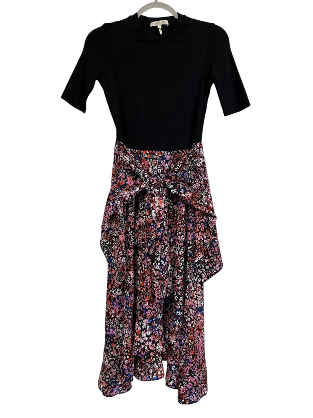 Maje Layered Ruffle Trim Black & Floral Dress Tie-Front Size 36 US 4